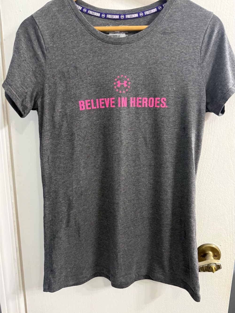 Under Armour Gray Short Sleeve Tee with Pink "Believe in Heroes" Graphic